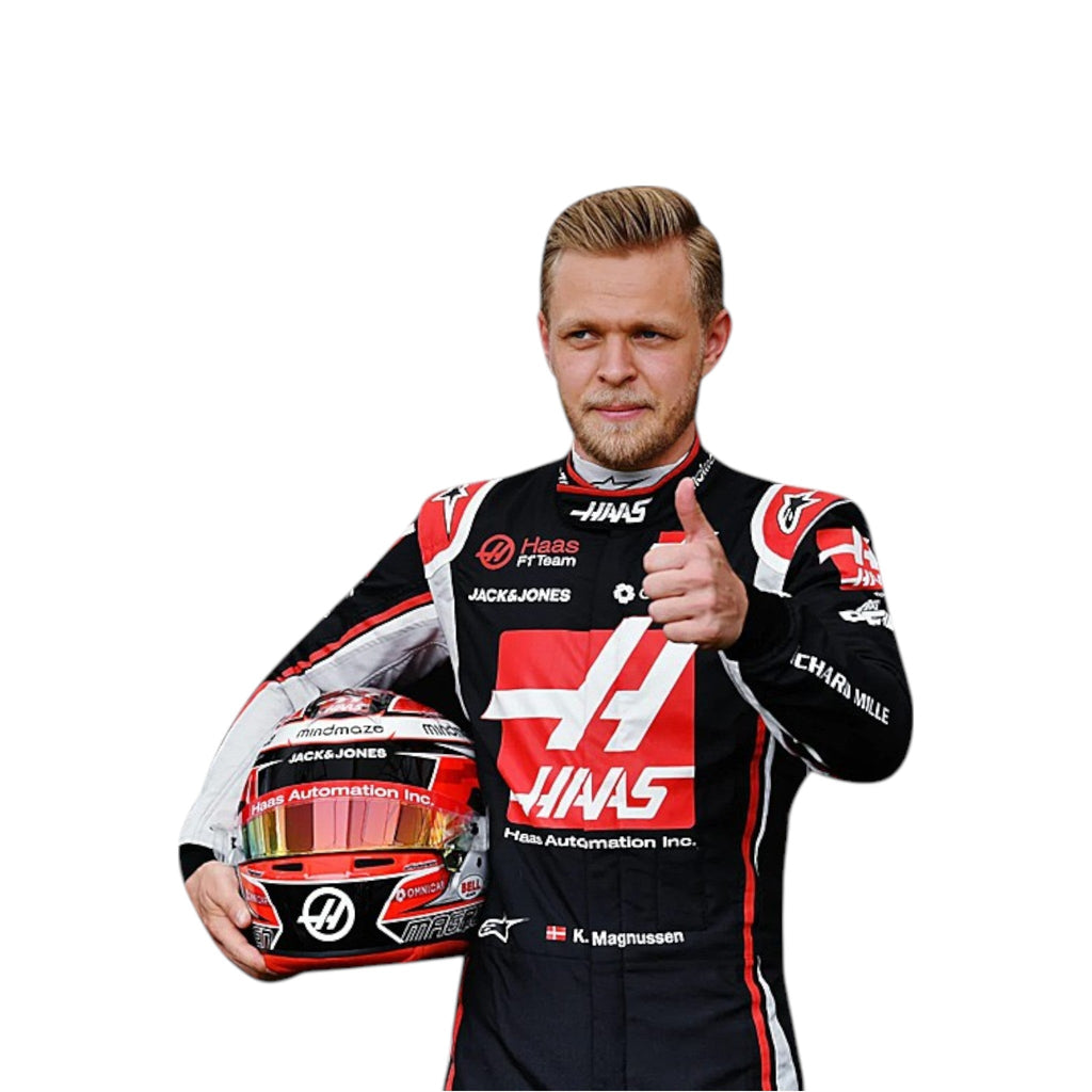 Kevin Magnussen 2020 Haas F1 race suit in black, white, and red with sponsor branding