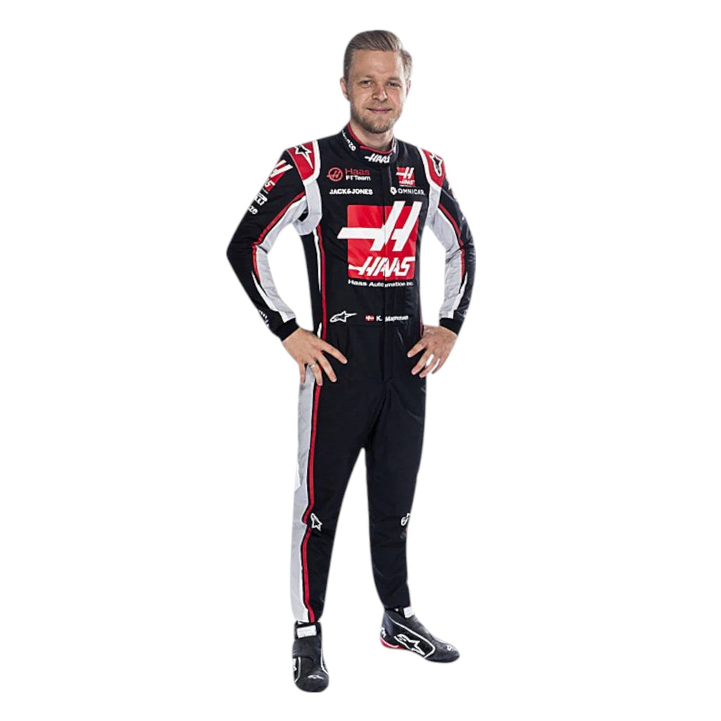 Kevin Magnussen 2020 Haas F1 race suit in black, white, and red with sponsor branding