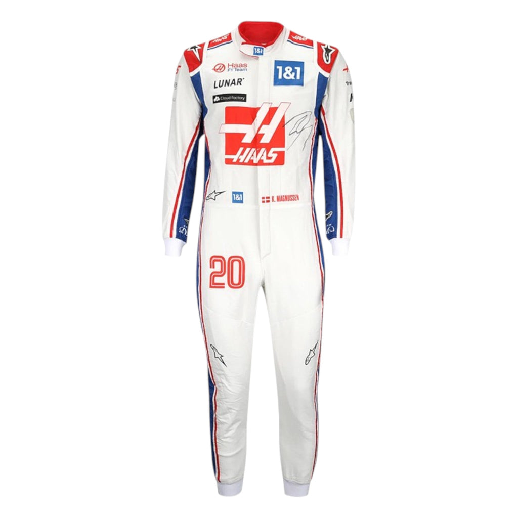 Kevin Magnussen 2022 Haas F1 race suit in white with red Haas chest logo, blue shoulders, and red blue side striping