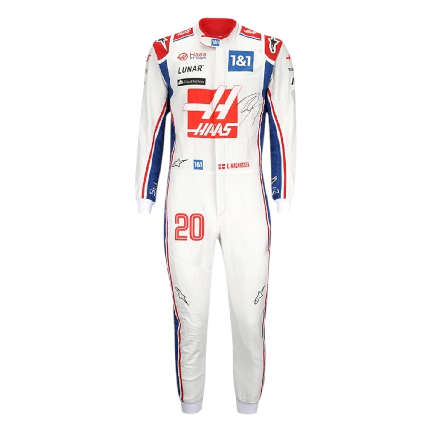 Kevin Magnussen 2022 Haas F1 race suit in white with red Haas chest logo, blue shoulders, and red blue side striping
