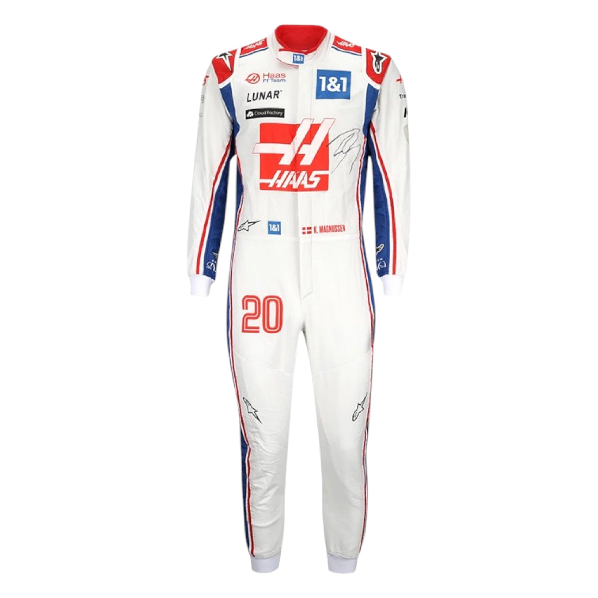 Kevin Magnussen 2022 Haas F1 race suit in white with red Haas chest logo, blue shoulders, and red blue side striping