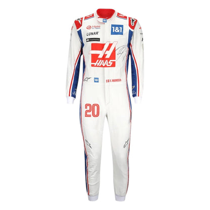 Kevin Magnussen 2022 Haas F1 race suit in white with red Haas chest logo, blue shoulders, and red blue side striping