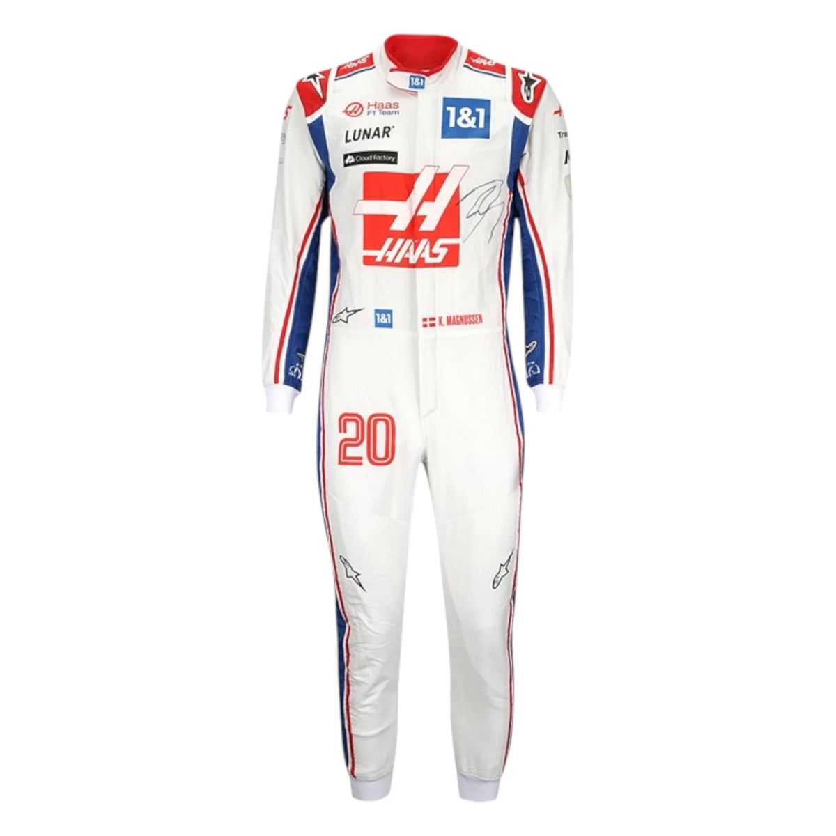 Kevin Magnussen 2022 Haas F1 race suit in white with red Haas chest logo, blue shoulders, and red blue side striping