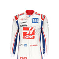 Kevin Magnussen 2022 Haas F1 race suit in white with red Haas chest logo, blue shoulders, and red blue side striping