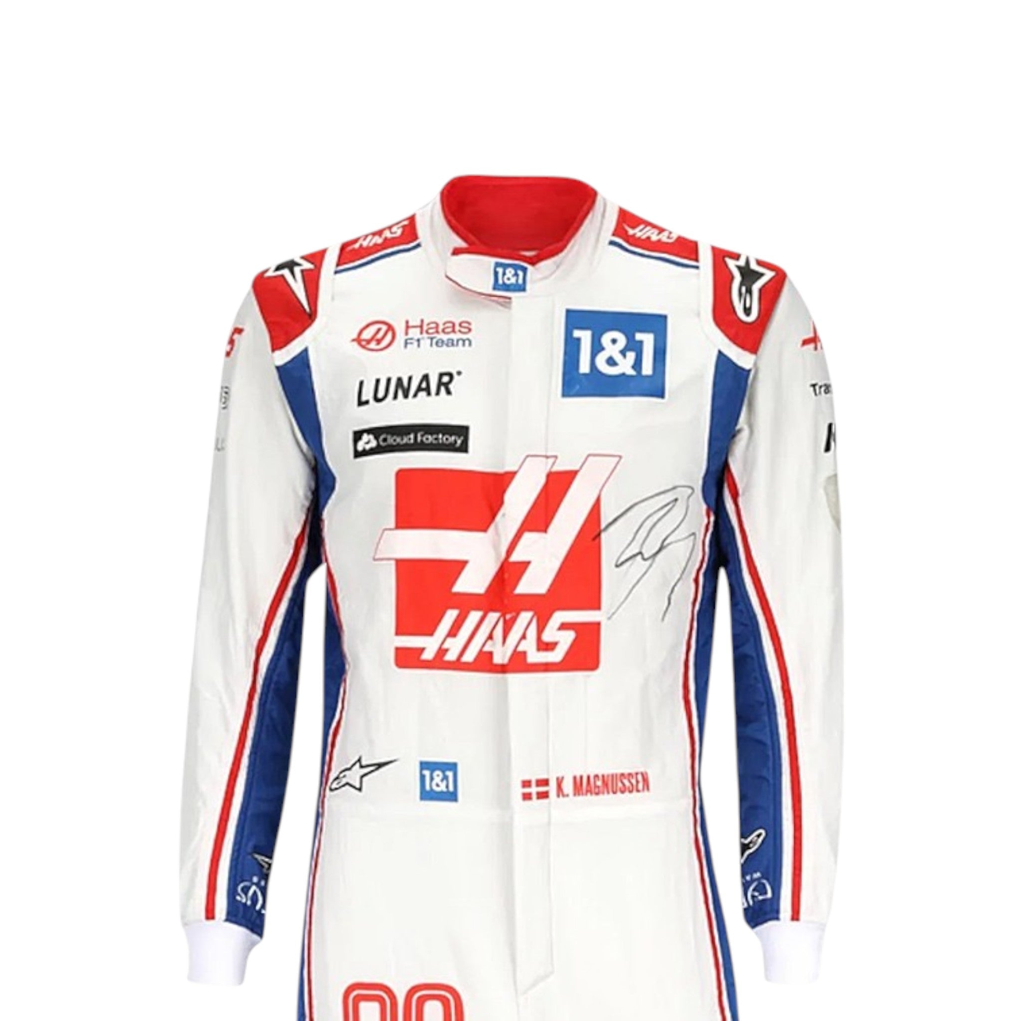 Kevin Magnussen 2022 Haas F1 race suit in white with red Haas chest logo, blue shoulders, and red blue side striping