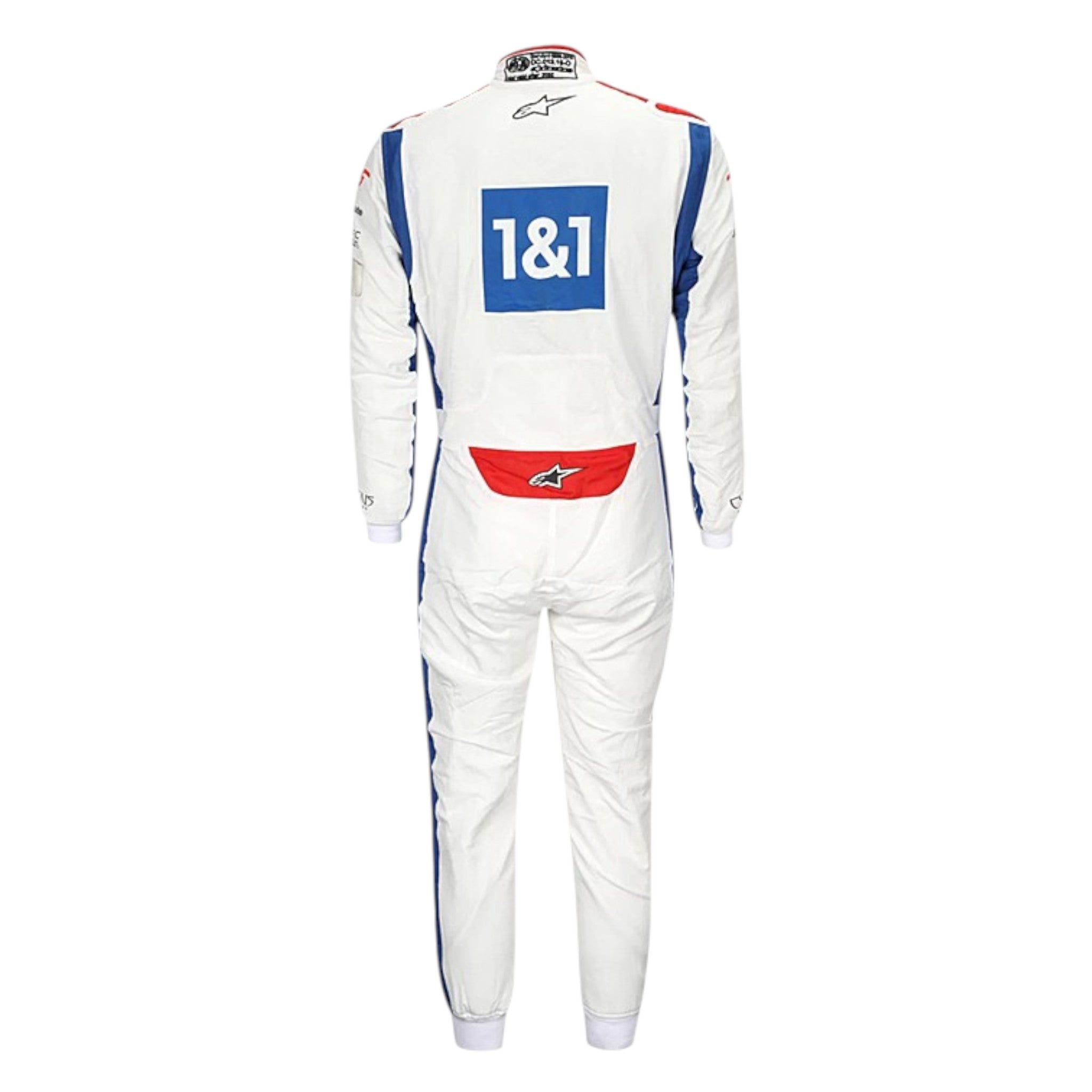 Kevin Magnussen 2022 Haas F1 race suit in white with red Haas chest logo, blue shoulders, and red blue side striping