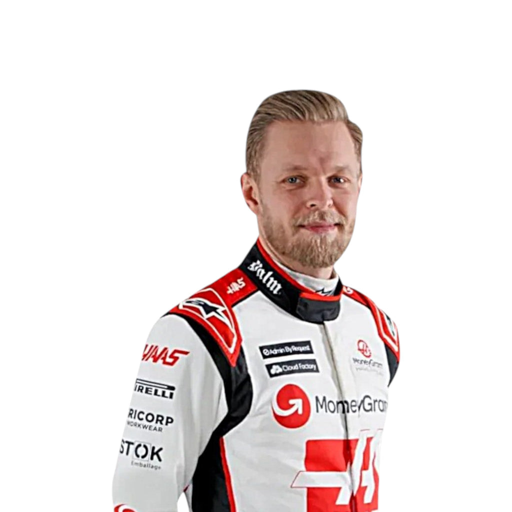 Kevin Magnussen 2023 Haas F1 race suit in black with white panels and red detailing