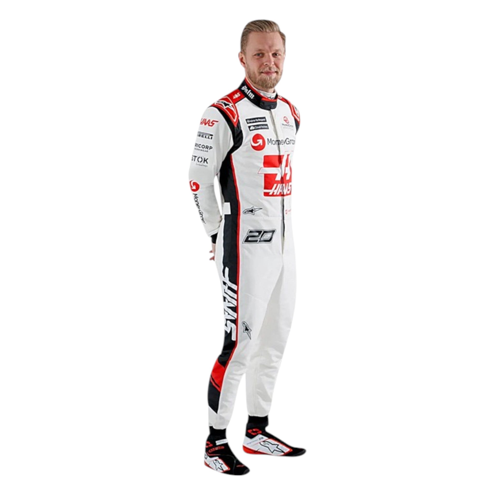 Kevin Magnussen 2023 Haas F1 race suit in black with white panels and red detailing