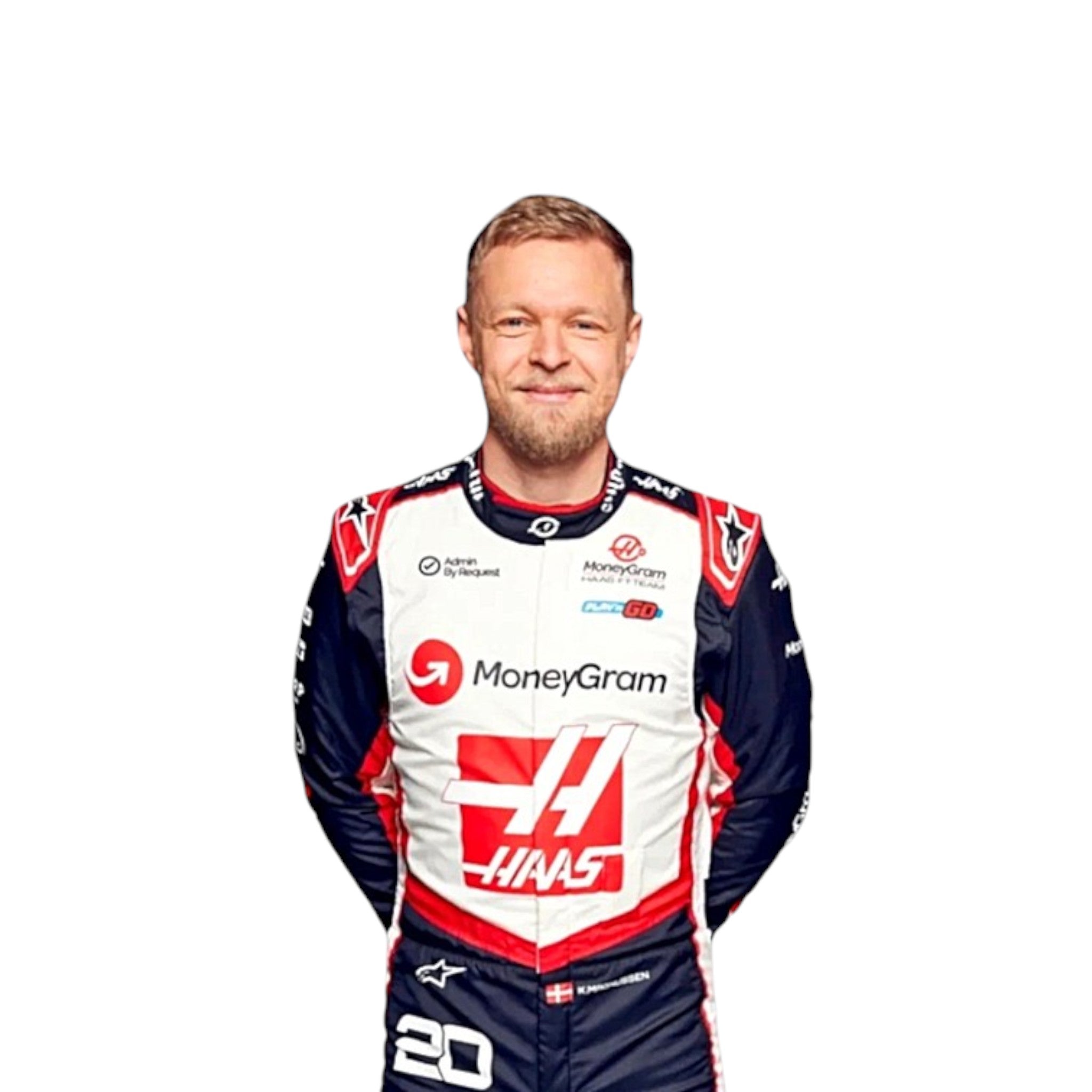 Kevin Magnussen 2024 Haas F1 race suit in white with black panels and red accents
