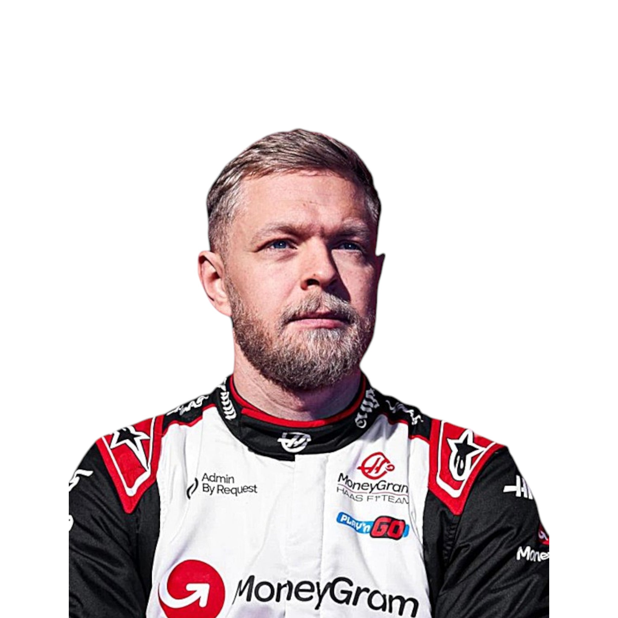 Kevin Magnussen 2024 Haas F1 race suit in white with black panels and red accents