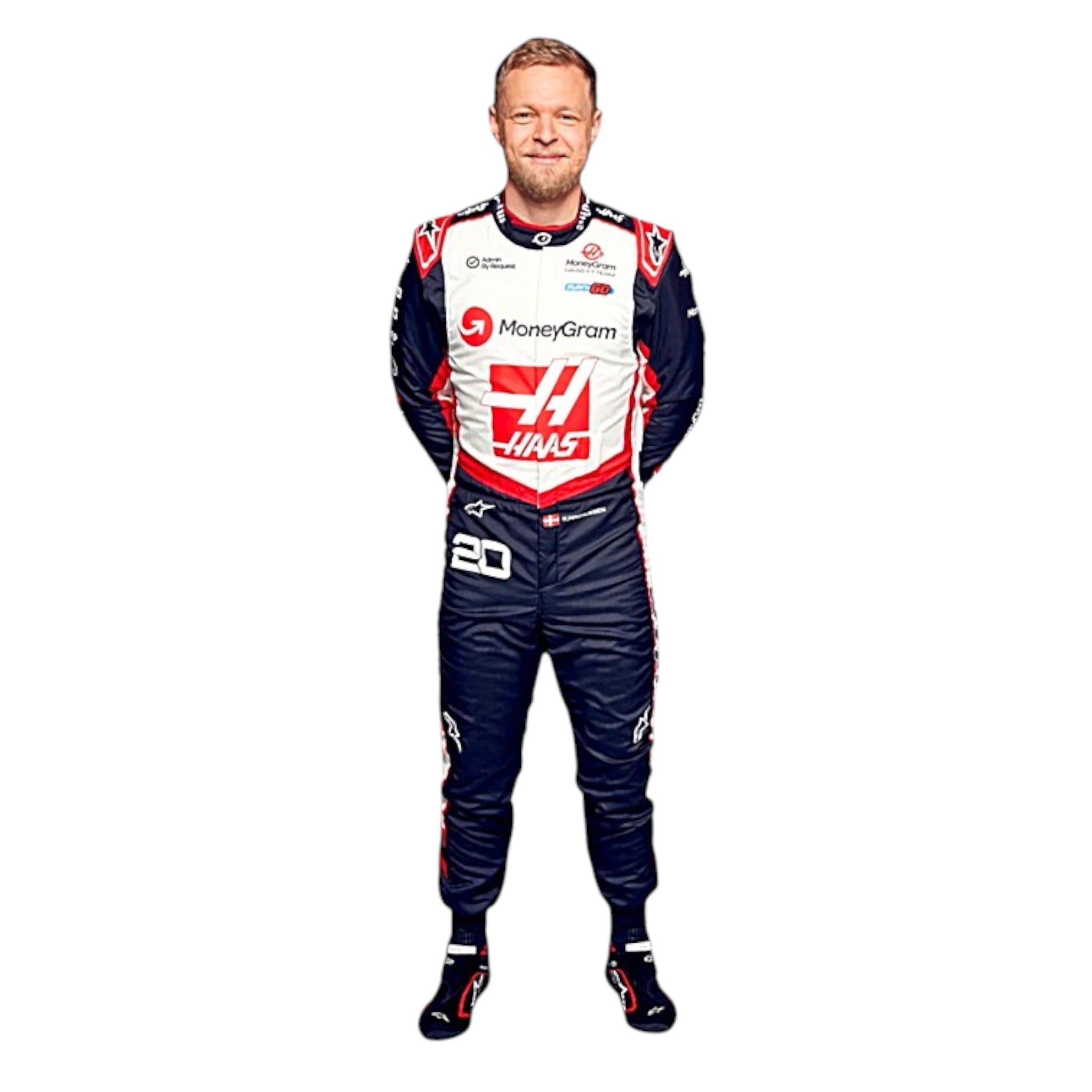 Kevin Magnussen 2024 Haas F1 race suit in white with black panels and red accents