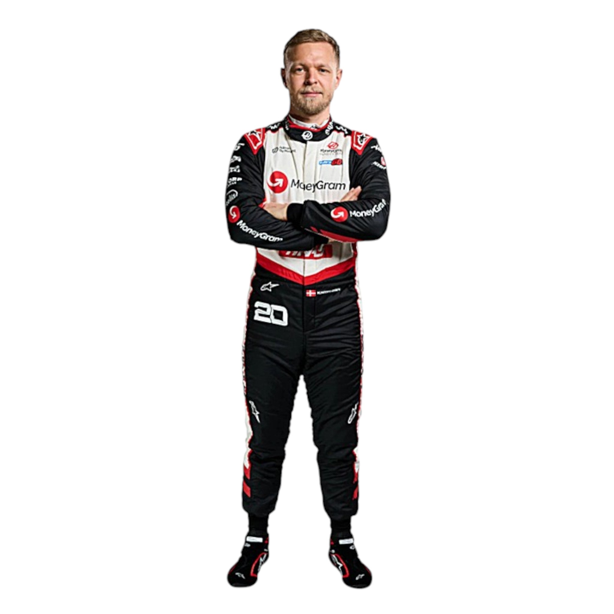Kevin Magnussen 2024 Haas F1 race suit in white with black panels and red accents