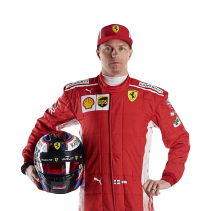 Kimi Raikkonen 2018 Ferrari F1 Racing Suit in red with authentic Ferrari sponsor logos and premium motorsport detailing