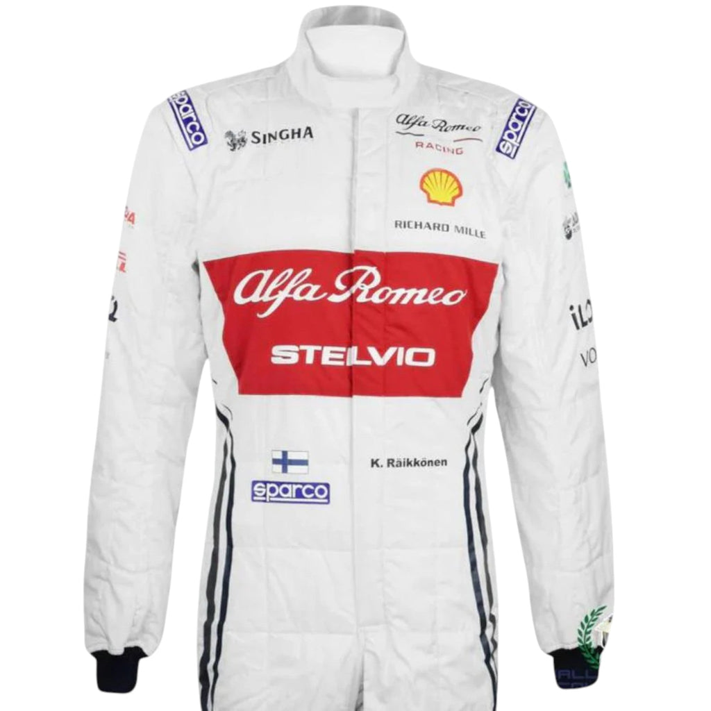 Kimi Räikkönen 2019 Alfa Romeo F1 race suit in red white and black with sponsor logos
