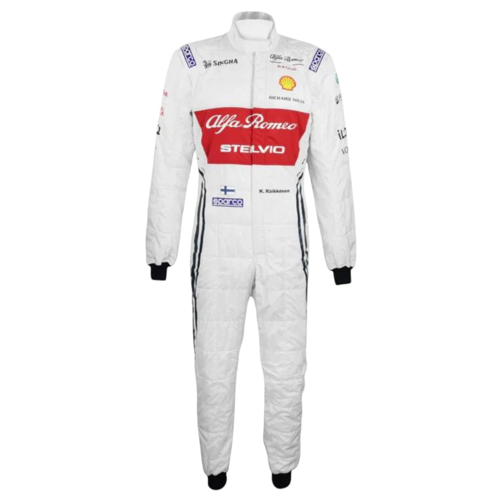 Kimi Räikkönen 2019 Alfa Romeo F1 race suit in red white and black with sponsor logos