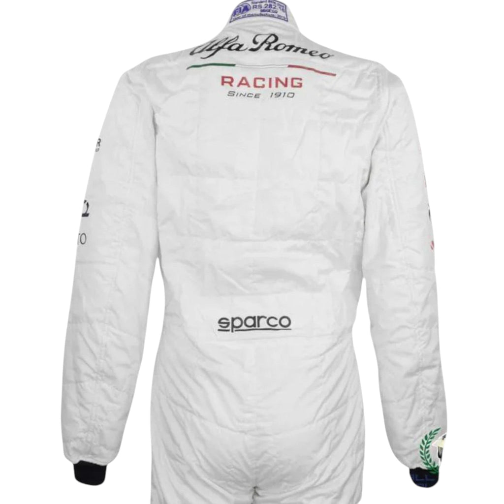 Kimi Räikkönen 2019 Alfa Romeo F1 race suit in red white and black with sponsor logos