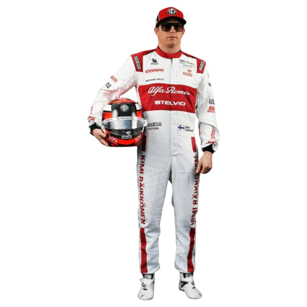 Kimi Räikkönen 2020 Alfa Romeo F1 race suit in red white and black with sponsor logos