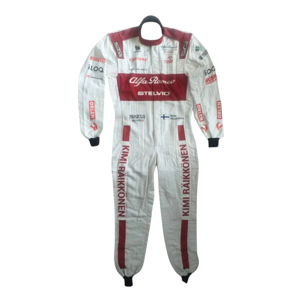 Kimi Räikkönen 2020 Alfa Romeo F1 race suit in red white and black with sponsor logos