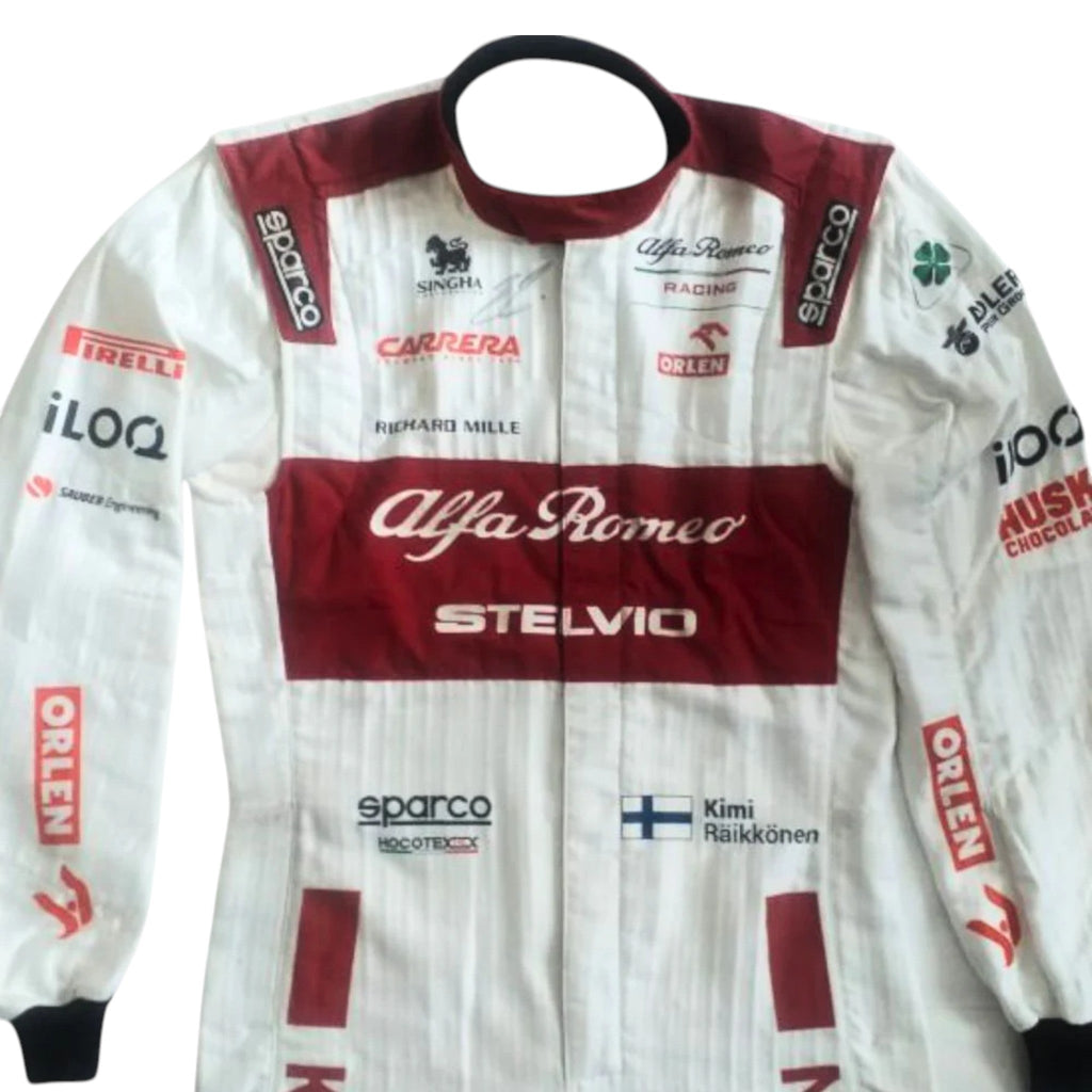 Kimi Räikkönen 2020 Alfa Romeo F1 race suit in red white and black with sponsor logos