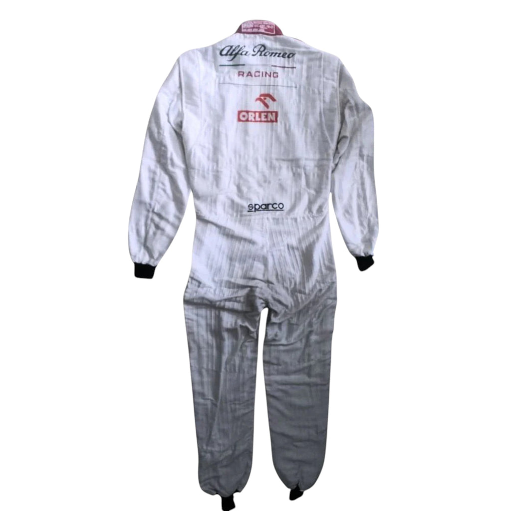 Kimi Räikkönen 2020 Alfa Romeo F1 race suit in red white and black with sponsor logos