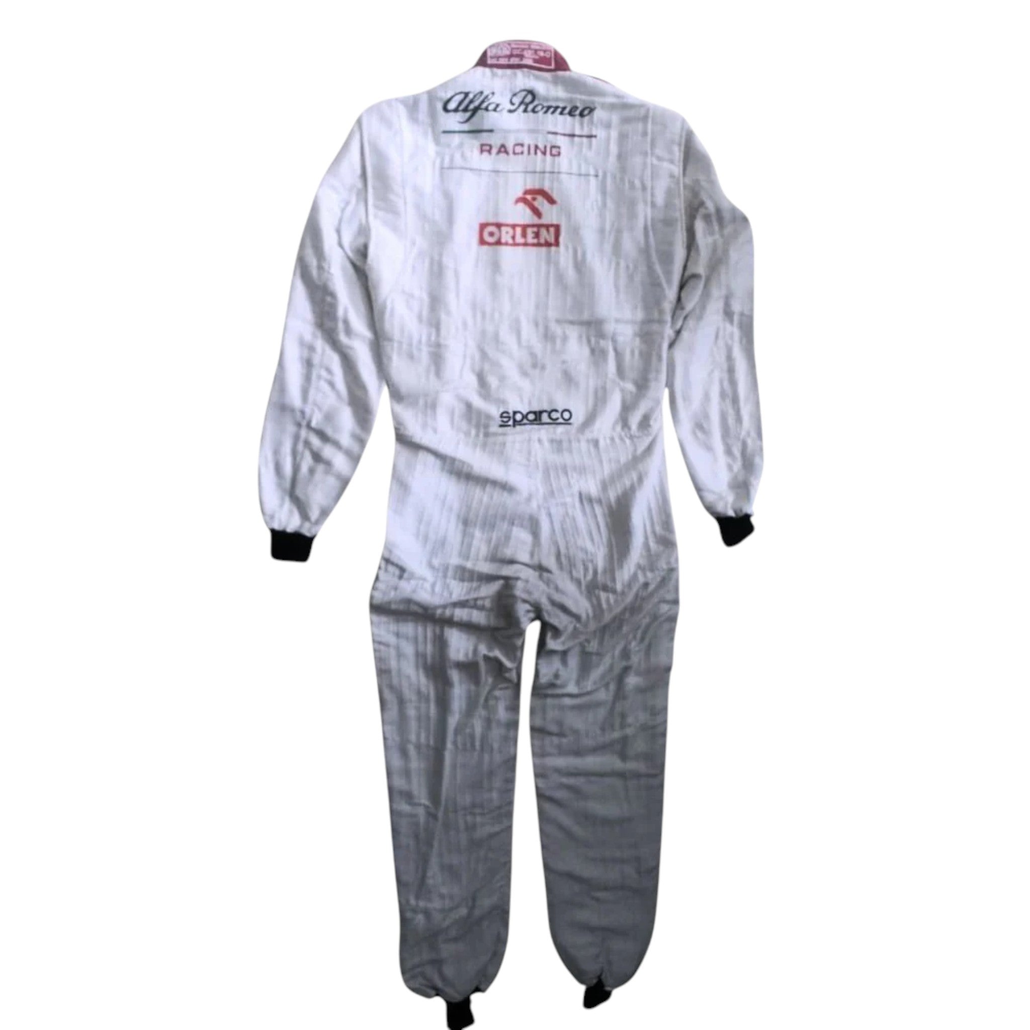 Kimi Räikkönen 2020 Alfa Romeo F1 race suit in red white and black with sponsor logos