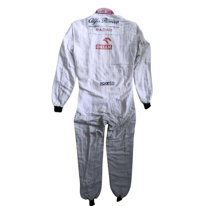 Kimi Räikkönen 2020 Alfa Romeo F1 Race Suit in white and red with Alfa Romeo Racing sponsor logos and authentic motorsport detailing
