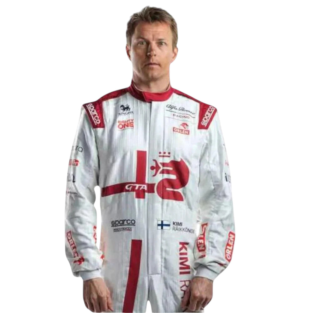 Kimi Räikkönen 2021 Alfa Romeo F1 race suit in red white and black with sponsor logos