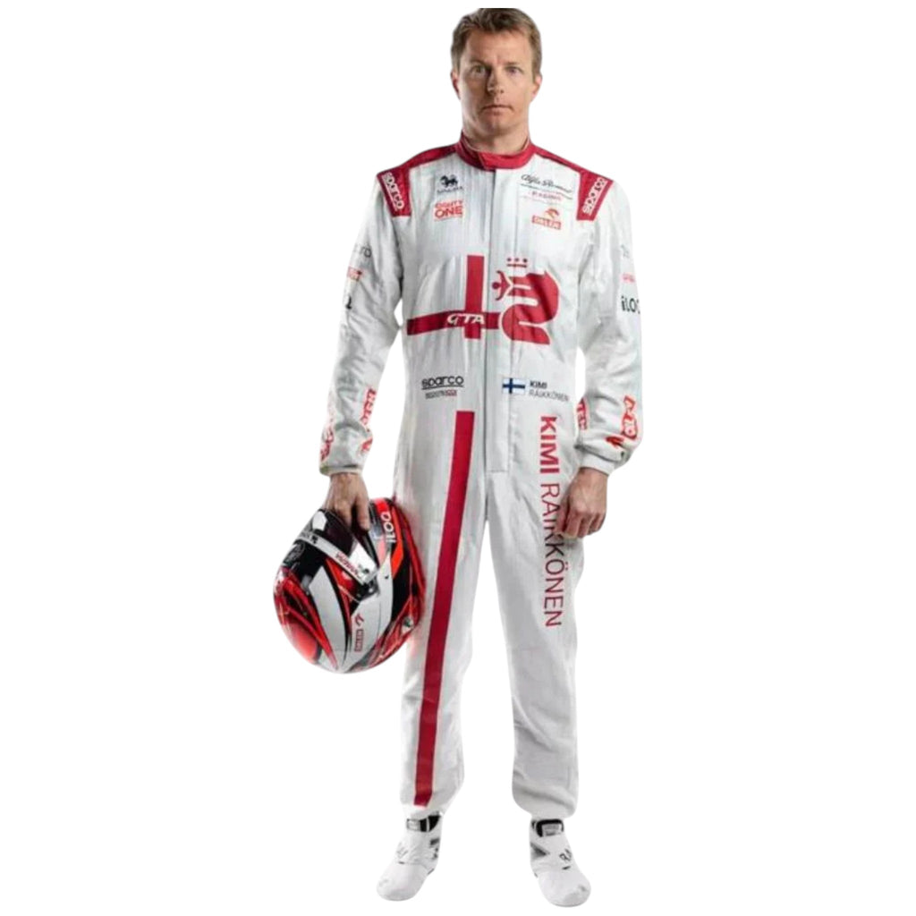 Kimi Räikkönen 2021 Alfa Romeo F1 race suit in red white and black with sponsor logos
