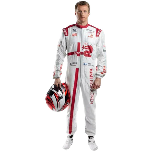 Kimi Räikkönen 2021 Alfa Romeo F1 race suit in red white and black with sponsor logos