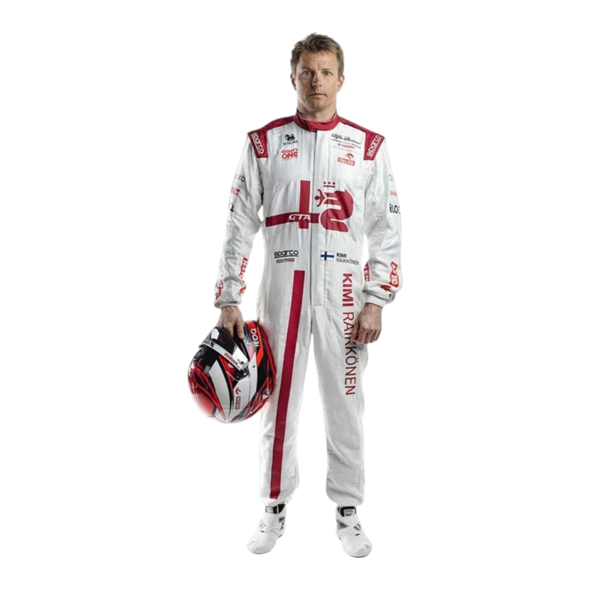 Kimi Räikkönen 2021 Alfa Romeo F1 Race Suit in white and red with Alfa Romeo Racing sponsor logos and authentic motorsport detailing