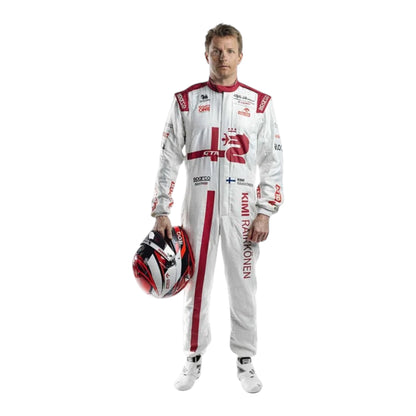 Kimi Räikkönen 2021 Alfa Romeo F1 Race Suit in white and red with Alfa Romeo Racing sponsor logos and authentic motorsport detailing