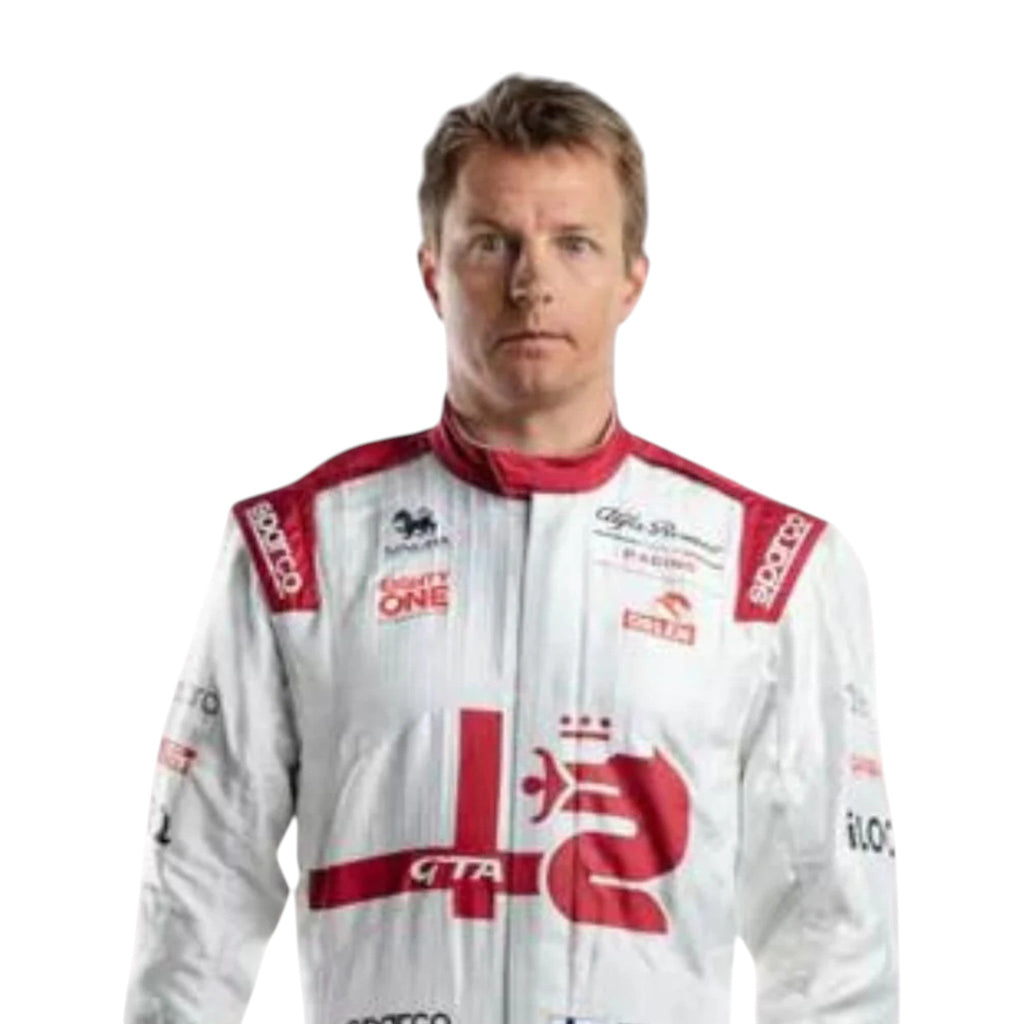 Kimi Räikkönen 2021 Alfa Romeo F1 race suit in red white and black with sponsor logos