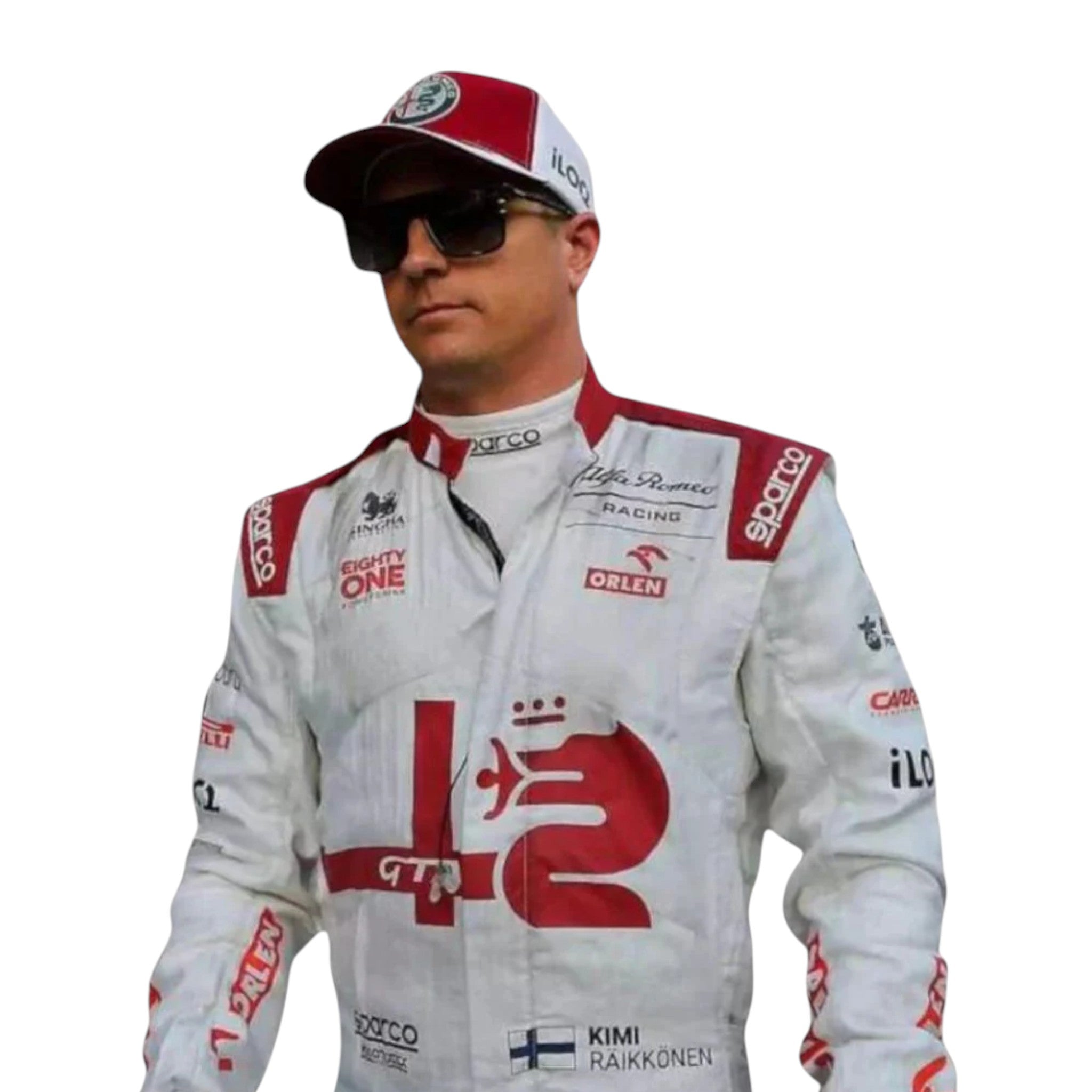 Kimi Räikkönen 2021 Alfa Romeo F1 race suit in red white and black with sponsor logos