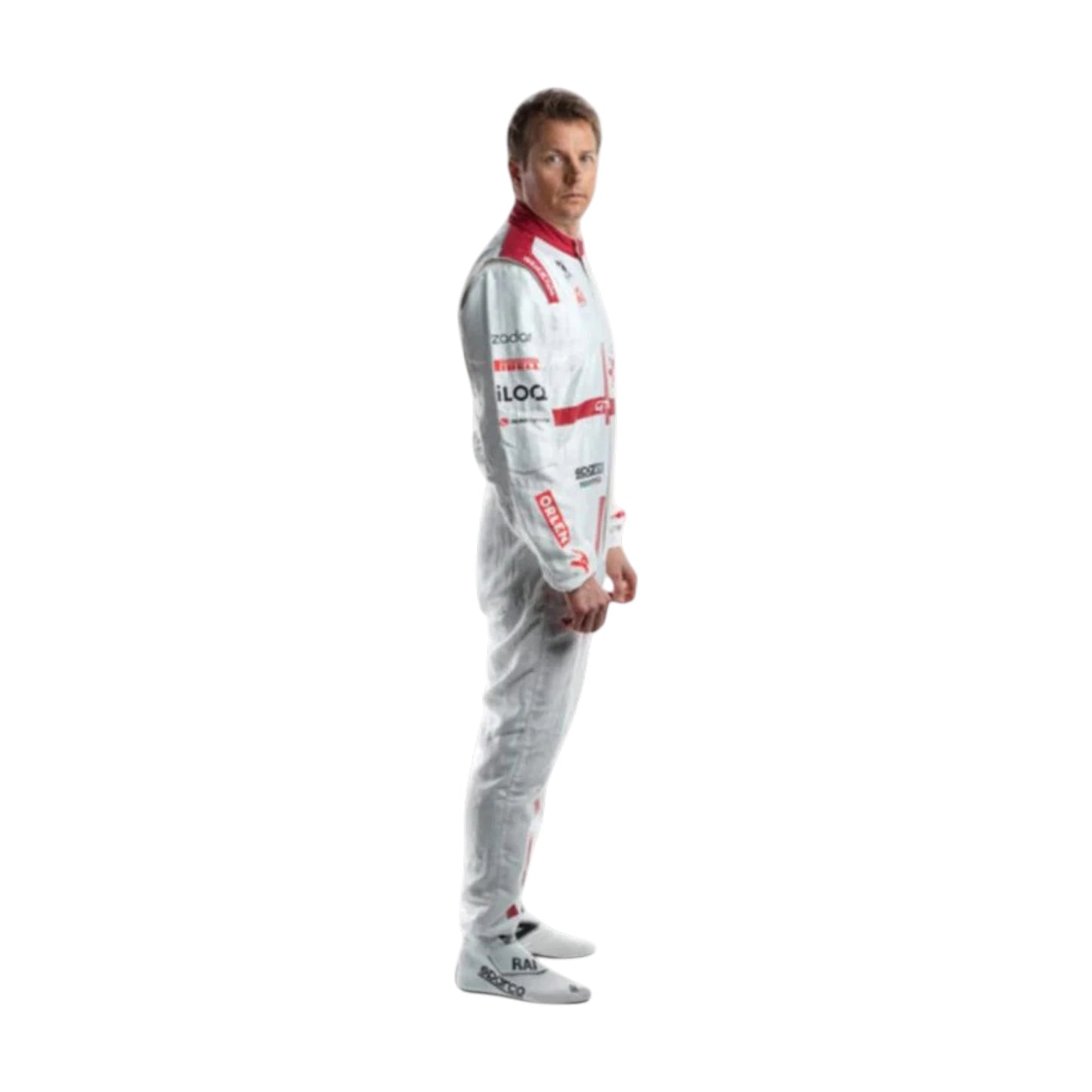 Kimi Räikkönen 2021 Alfa Romeo F1 Race Suit in white and red with Alfa Romeo Racing sponsor logos and authentic motorsport detailing