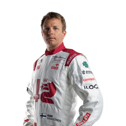Kimi Räikkönen 2021 Alfa Romeo F1 Race Suit in white and red with Alfa Romeo Racing sponsor logos and authentic motorsport detailing