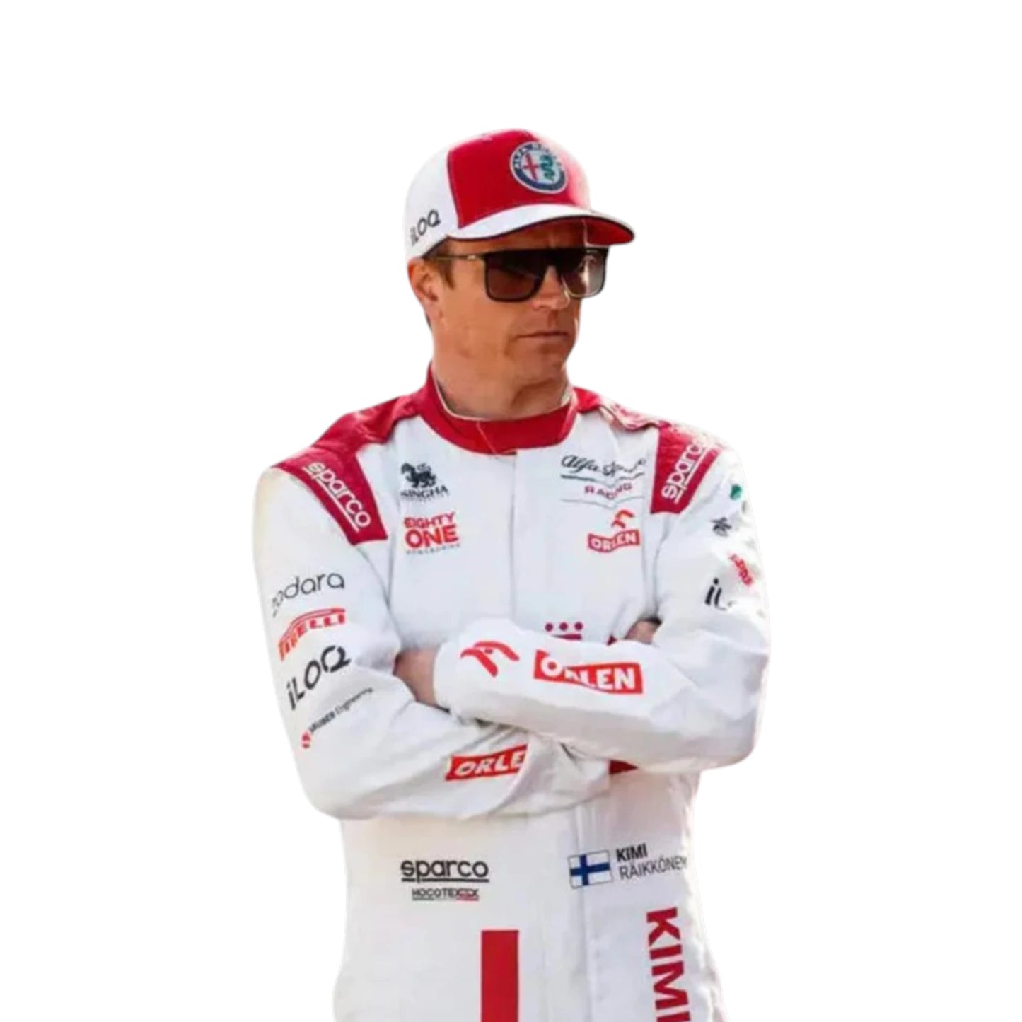 Kimi Räikkönen 2021 Alfa Romeo F1 Race Suit in white and red with Alfa Romeo Racing sponsor logos and authentic motorsport detailing