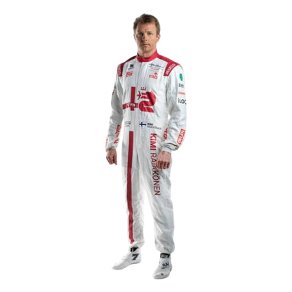 Kimi Räikkönen 2021 Alfa Romeo F1 Race Suit in white and red with Alfa Romeo Racing sponsor logos and authentic motorsport detailing