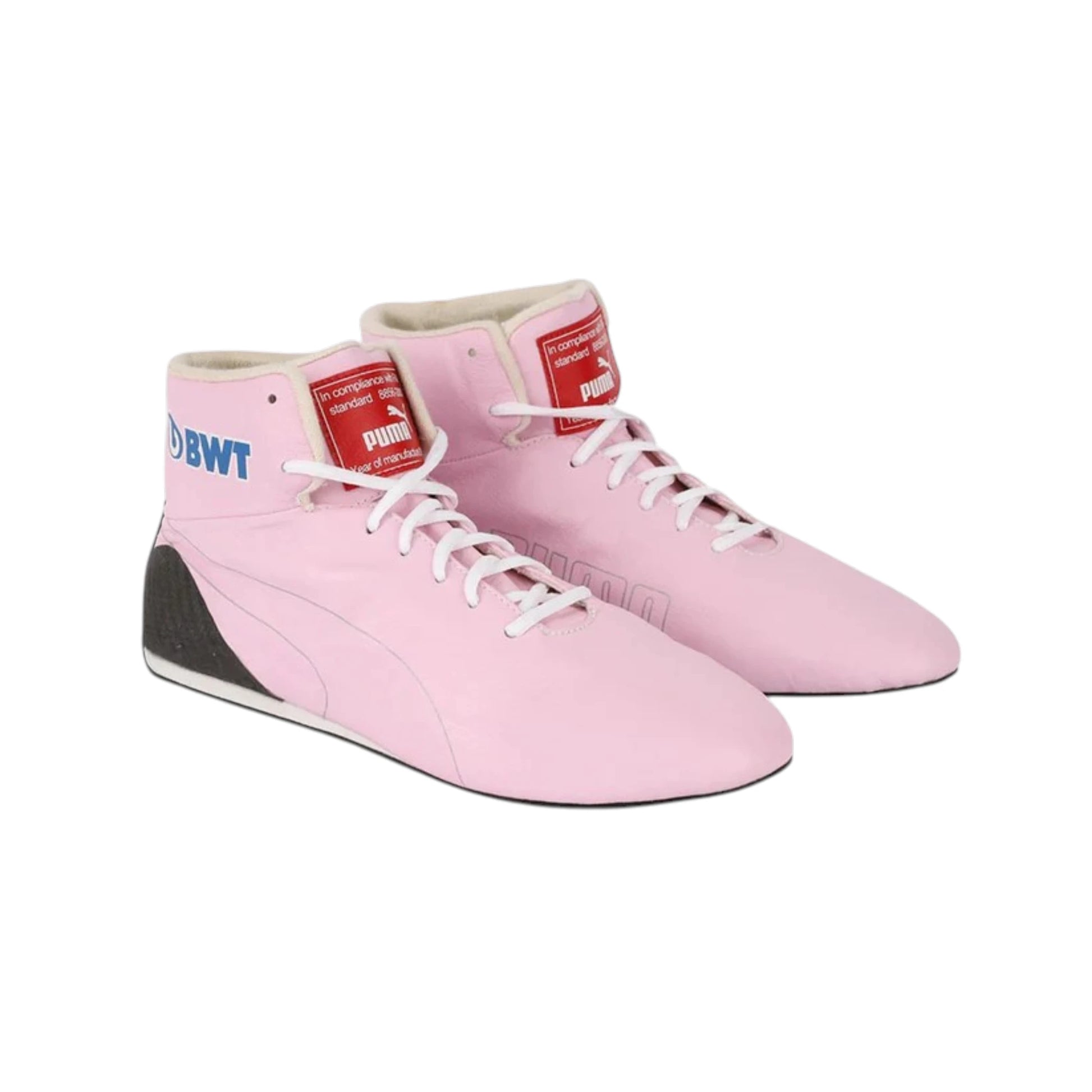 Lance Stroll 2019 Racing Point F1 racing shoes featuring pink Racing Point branding and motorsport detailing