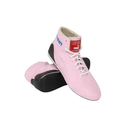 Lance Stroll 2019 Racing Point F1 racing shoes featuring pink Racing Point branding and motorsport detailing