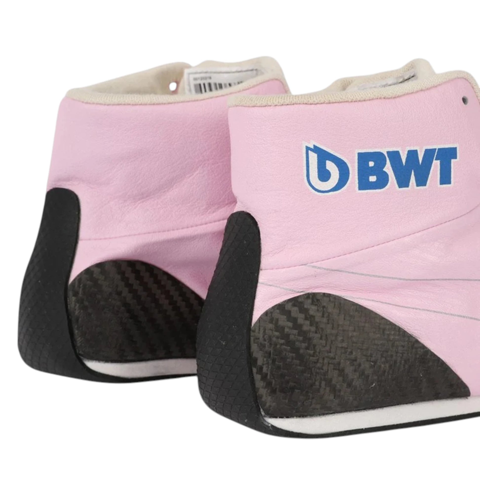 Lance Stroll 2019 Racing Point F1 racing shoes featuring pink Racing Point branding and motorsport detailing