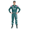 Lance Stroll 2021 Aston Martin F1 race suit in green with pink shoulder accents and sponsor logos