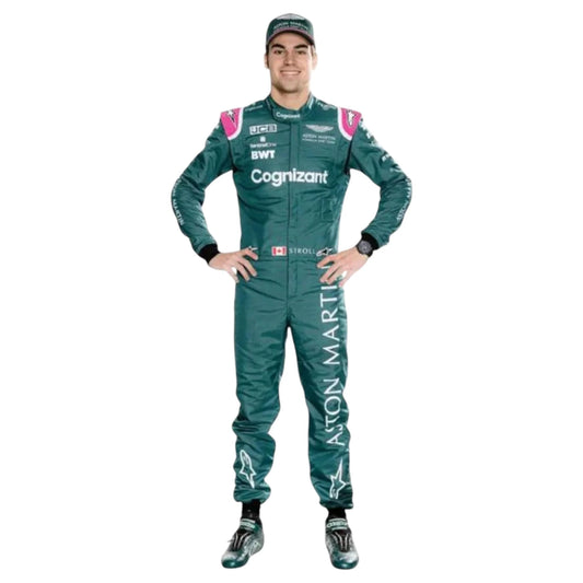 Lance Stroll 2021 Aston Martin F1 race suit in green with pink shoulder accents and sponsor logos