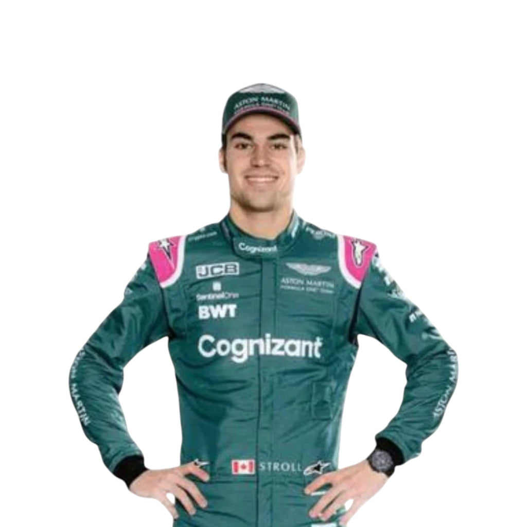 Lance Stroll 2021 Aston Martin F1 race suit in green with pink shoulder accents and sponsor logos