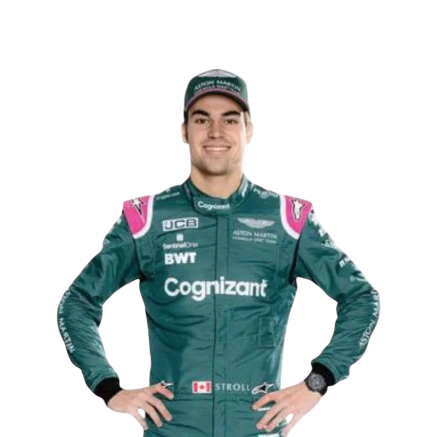 Lance Stroll 2021 Aston Martin F1 race suit in green with pink shoulder accents and sponsor logos