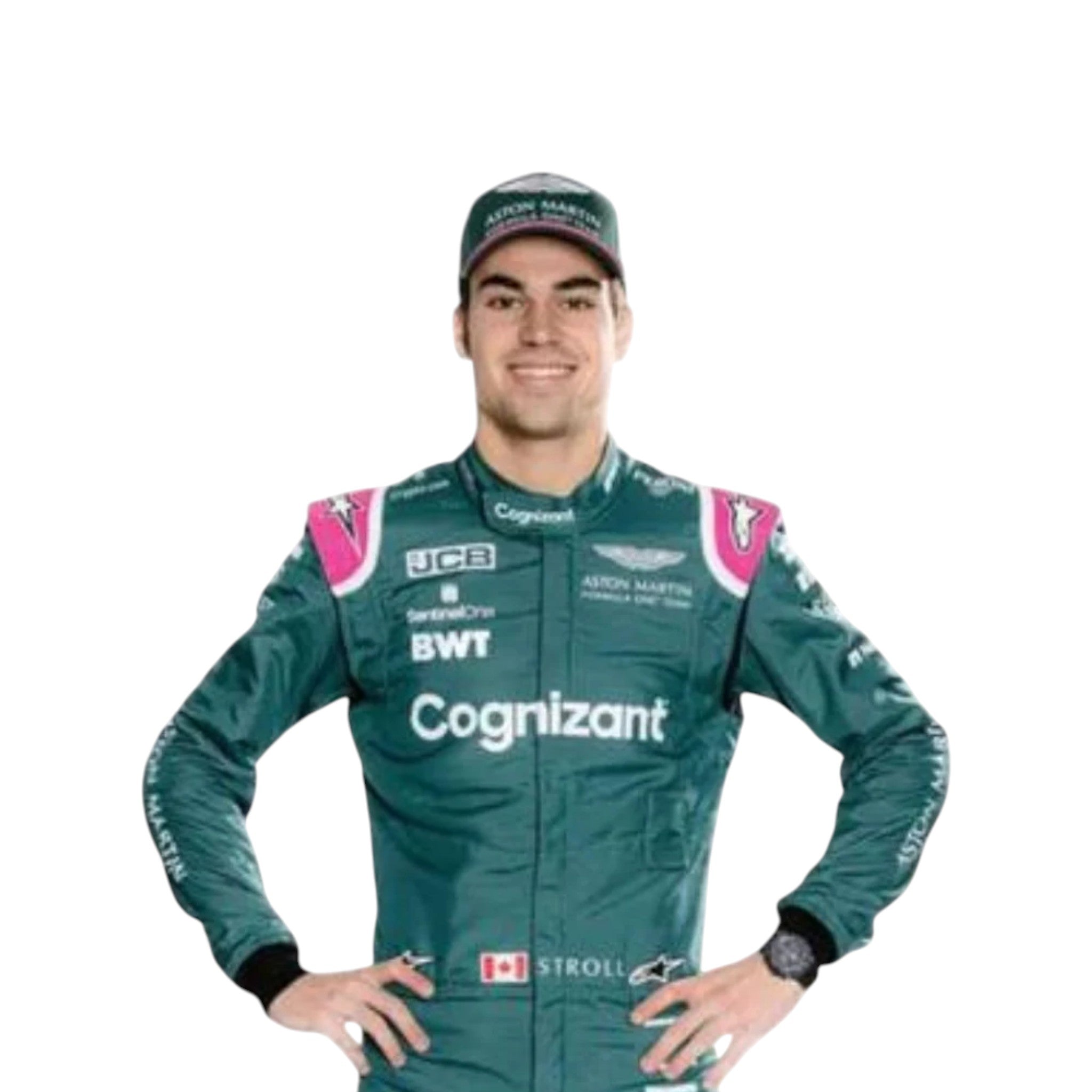 Lance Stroll 2021 Aston Martin F1 race suit in green with pink shoulder accents and sponsor logos