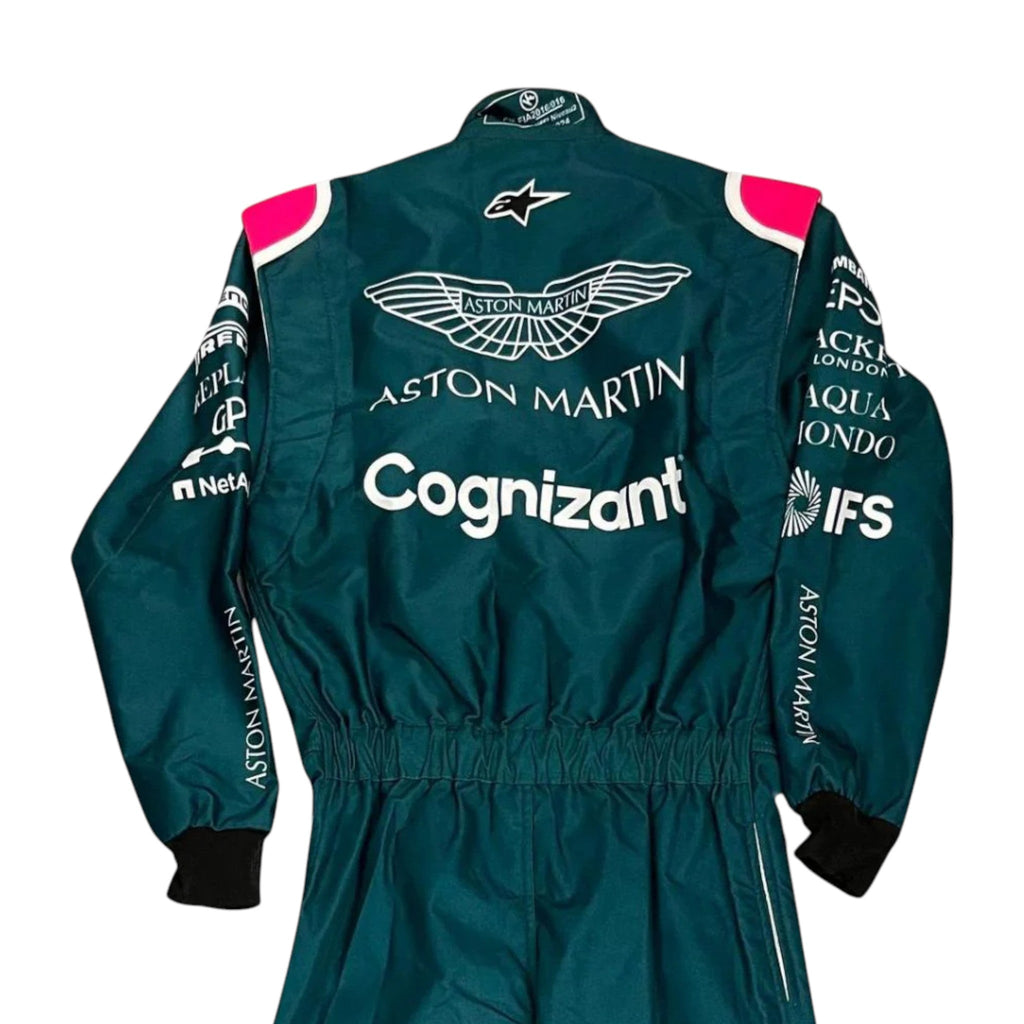 Lance Stroll 2021 Aston Martin F1 race suit in green with pink shoulder accents and sponsor logos