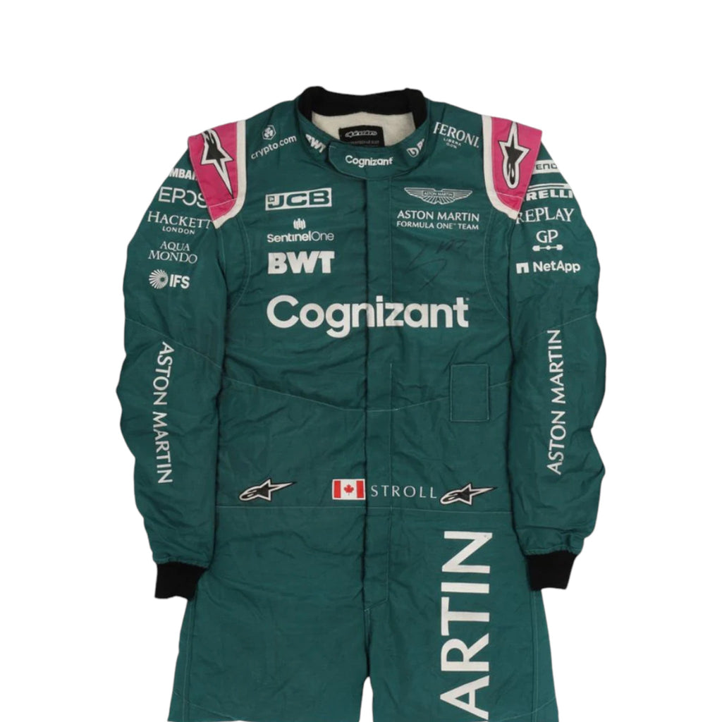 Lance Stroll 2021 Aston Martin F1 race suit in green with pink shoulder accents and sponsor logos