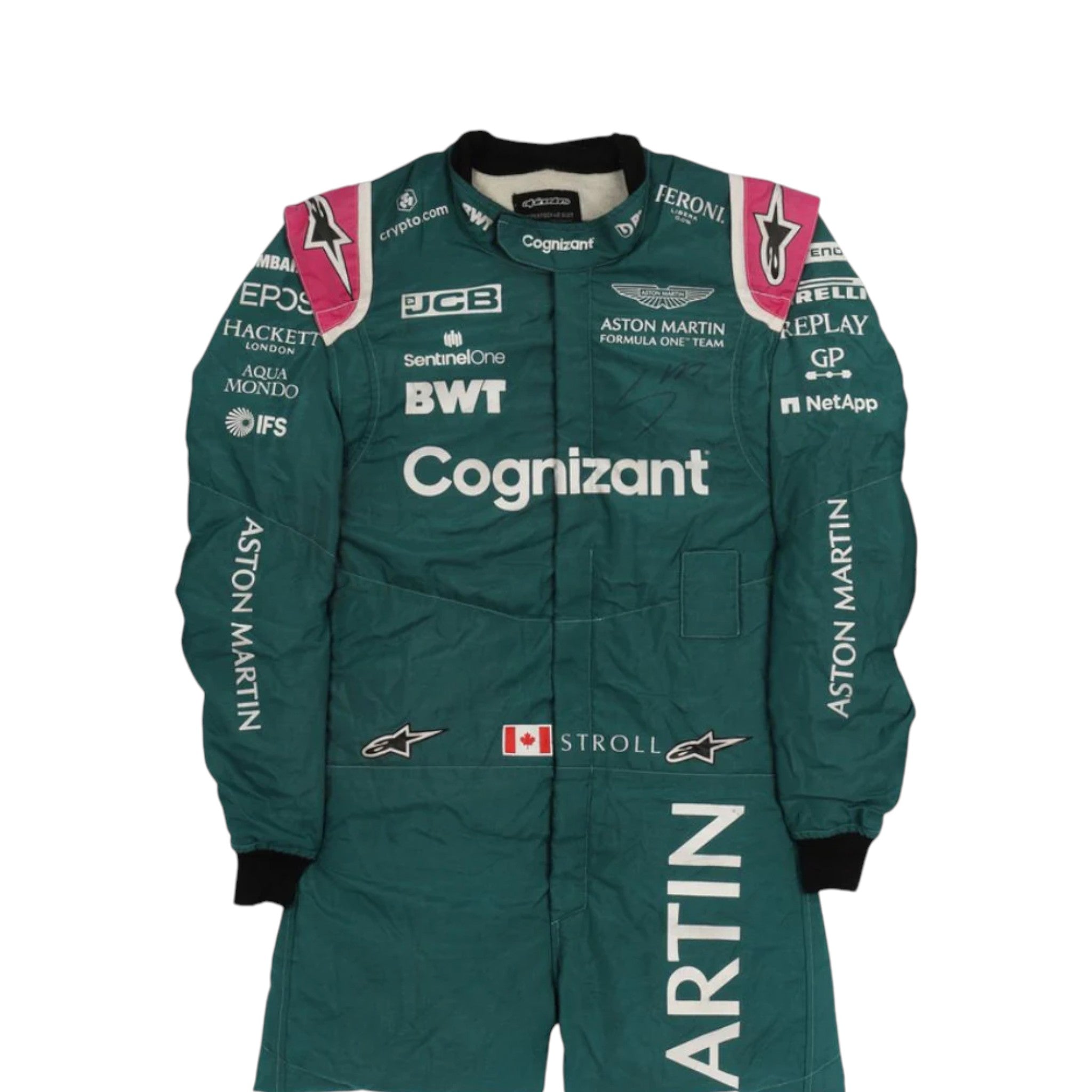 Lance Stroll 2021 Aston Martin F1 race suit in green with pink shoulder accents and sponsor logos