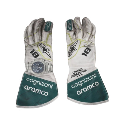 Lance Stroll 2022 Aston Martin Dutch GP F1 Racing Gloves in white and green with Cognizant Aramco Aston Martin sponsor logos and Dutch Grand Prix detailing