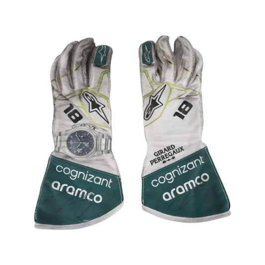 Lance Stroll 2022 Aston Martin Dutch GP F1 Racing Gloves in white and green with Cognizant Aramco Aston Martin sponsor logos and Dutch Grand Prix detailing
